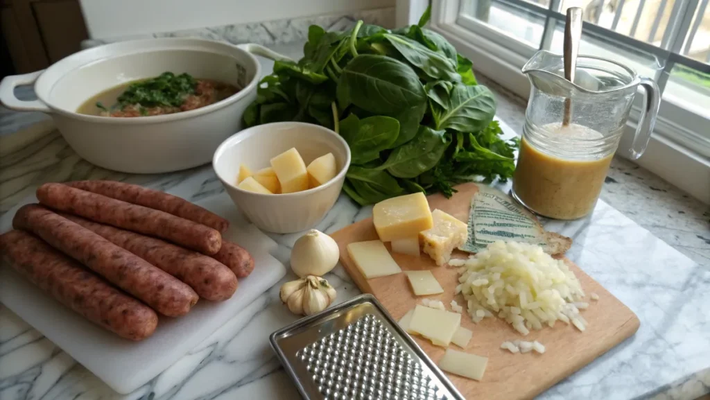 Fresh ingredients for creamy Parmesan Italian sausage soup, including sausage, spinach, diced potatoes, Parmesan, and chicken broth.