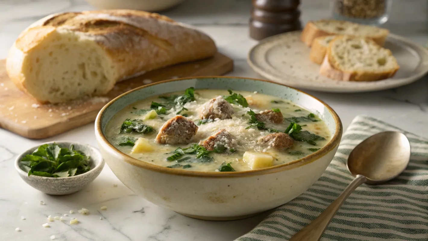 A bowl of creamy Parmesan Italian sausage soup with sausage, potatoes, and spinach, served with bread and garnished with parsley.