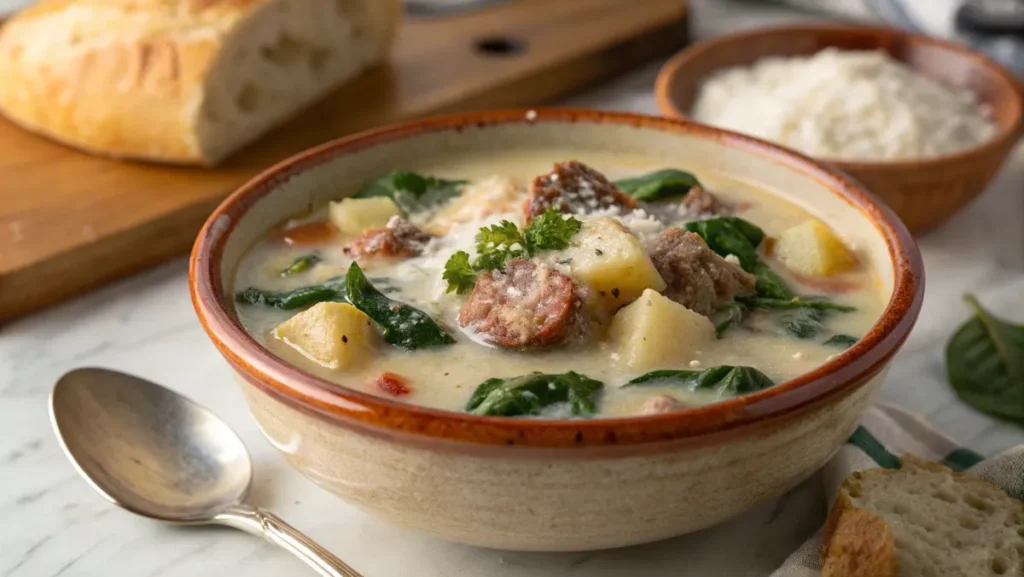 A close-up of creamy Parmesan Italian sausage soup served in a rustic bowl with sausage, potatoes, spinach, and garnished with parsley.