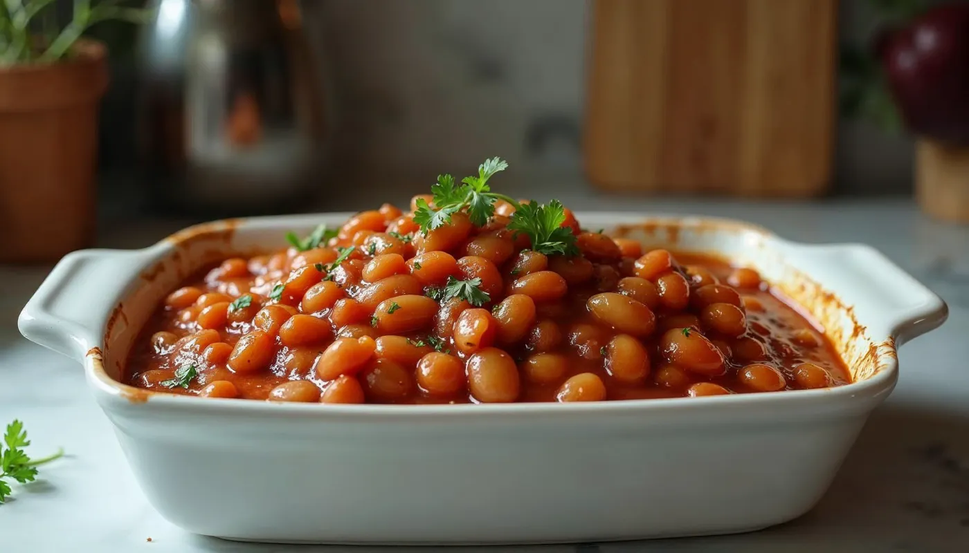 Homemade baked beans served in a rectangular white casserole dish, garnished with parsley, set on a marble countertop with soft background details.