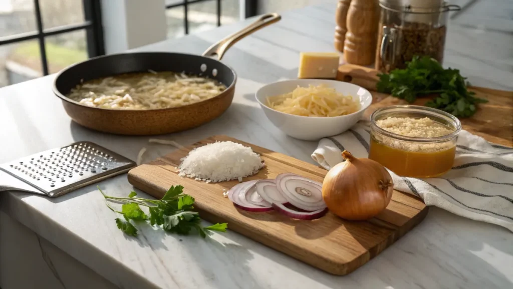 Wooden cutting board with rice, sliced onions, parsley, and a skillet with caramelized onions on a marble countertop.