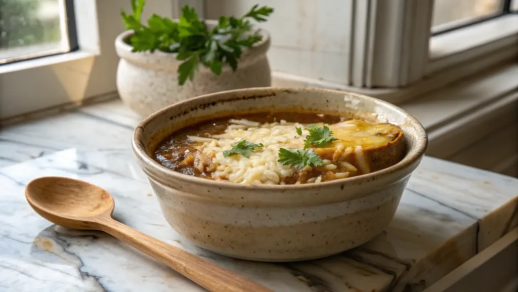 A rustic ceramic bowl of French onion soup rice topped with melted cheese and parsley, placed on a marble countertop.