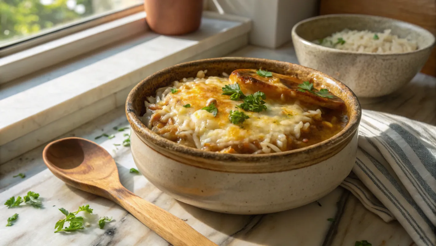 A rustic ceramic bowl of French onion soup rice topped with melted cheese and parsley, placed on a marble countertop.