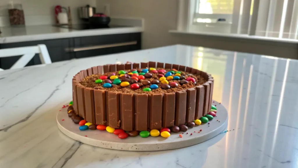 A KitKat cake topped with colorful candies and surrounded by chocolate KitKat bars, displayed on a marble countertop.