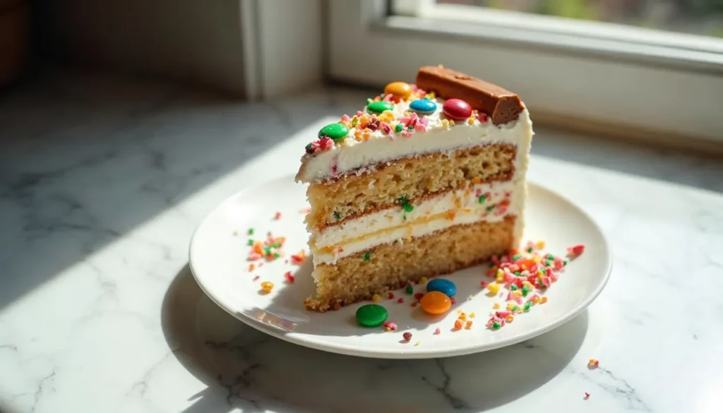 A slice of KitKat cake with creamy layers, colorful candies, and sprinkles, served on a white plate on a marble countertop.