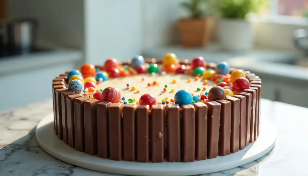 A KitKat cake decorated with colorful candies and sprinkles, set on a marble kitchen countertop in natural light.