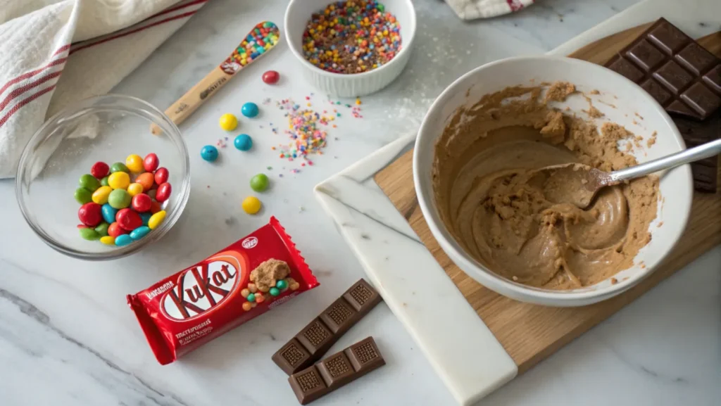 Ingredients for a KitKat cake displayed on a marble countertop, including a mixing bowl with batter, KitKat bars, colorful candies, and sprinkles.