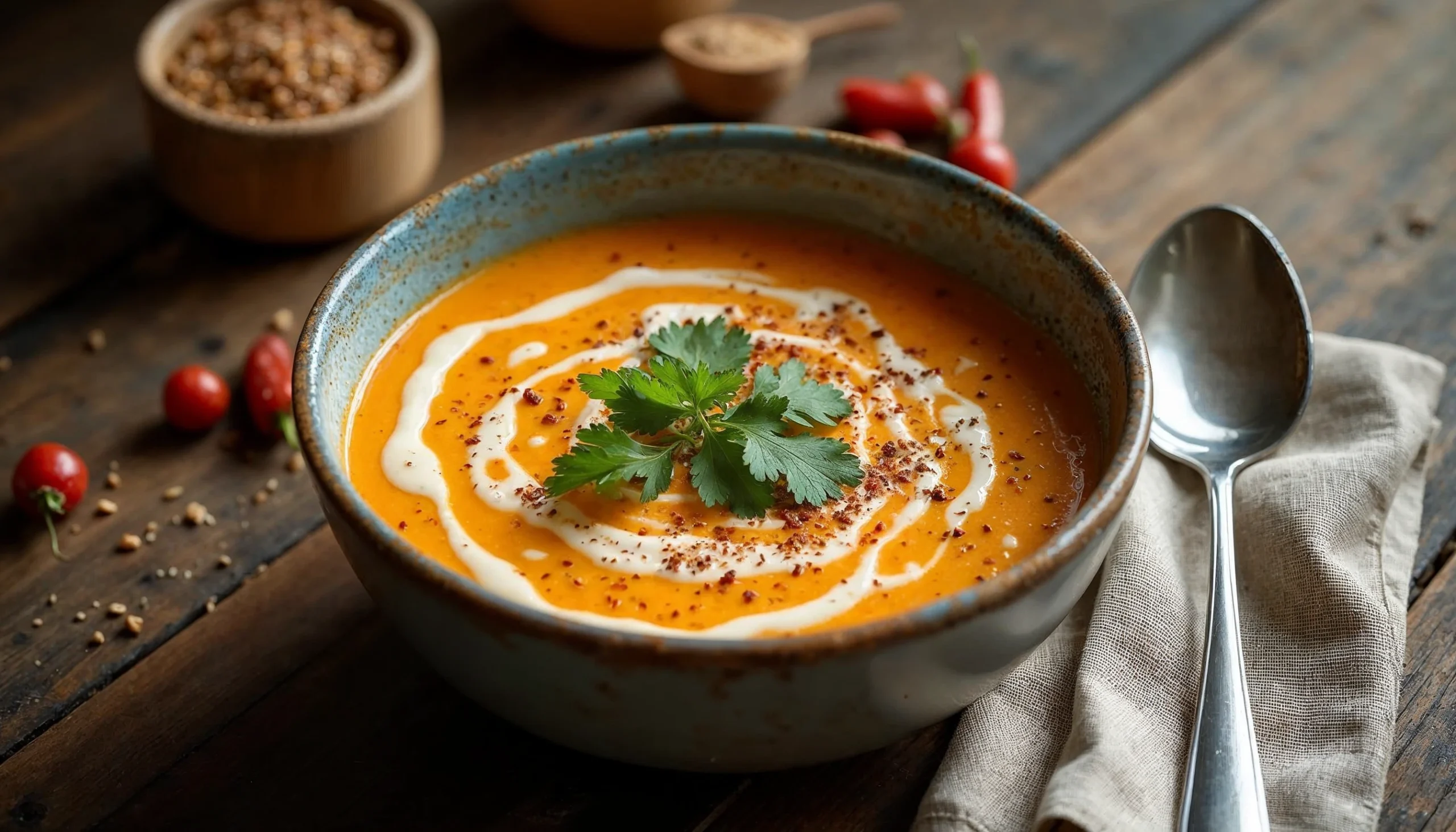 A steaming bowl of Sweet Potato Lentil Coconut Soup with creamy swirls, cilantro, and chili flakes on a rustic table.