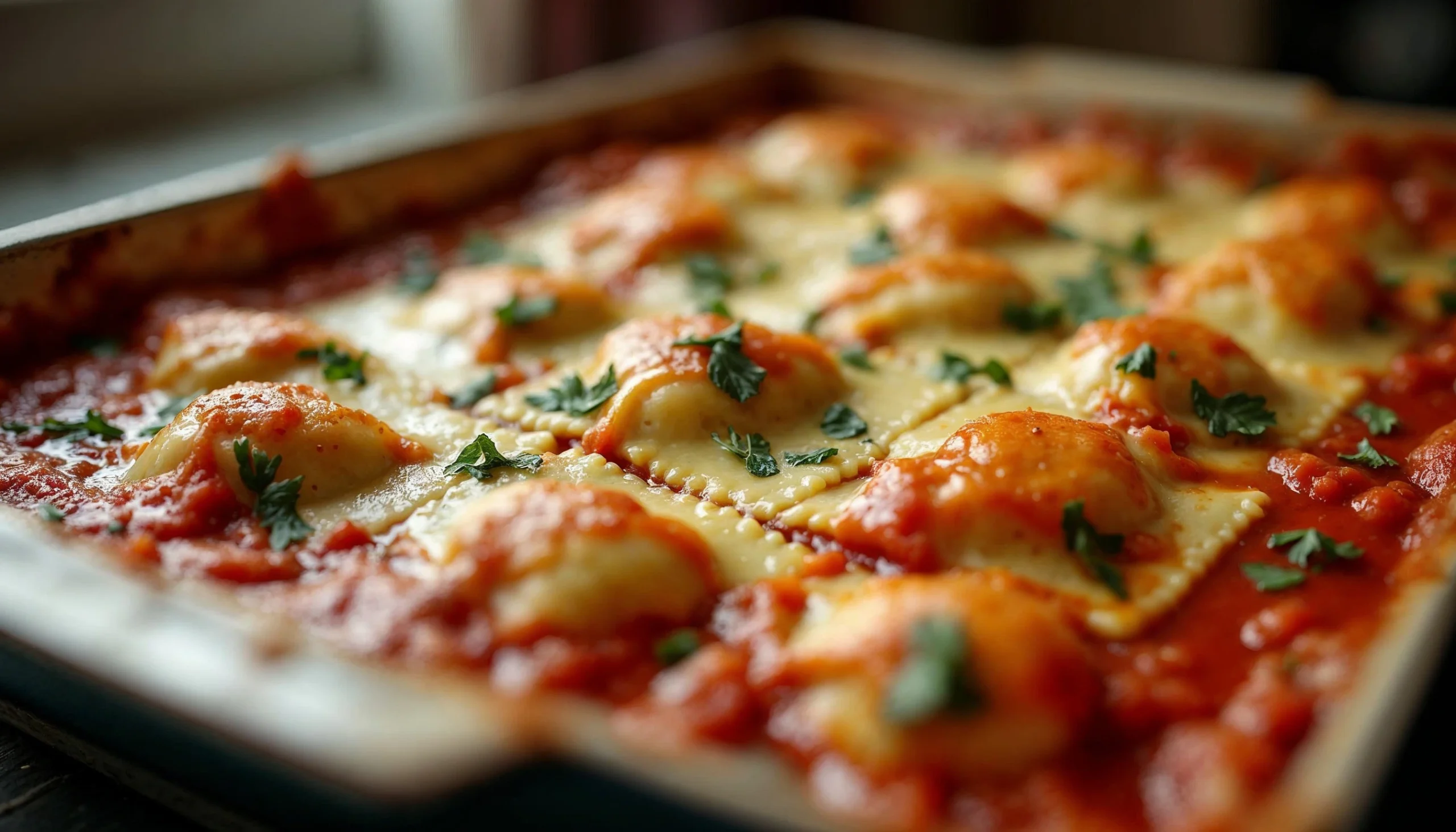 "Close-up of freshly baked million dollar ravioli casserole, topped with melted cheese, marinara sauce, and fresh parsley."