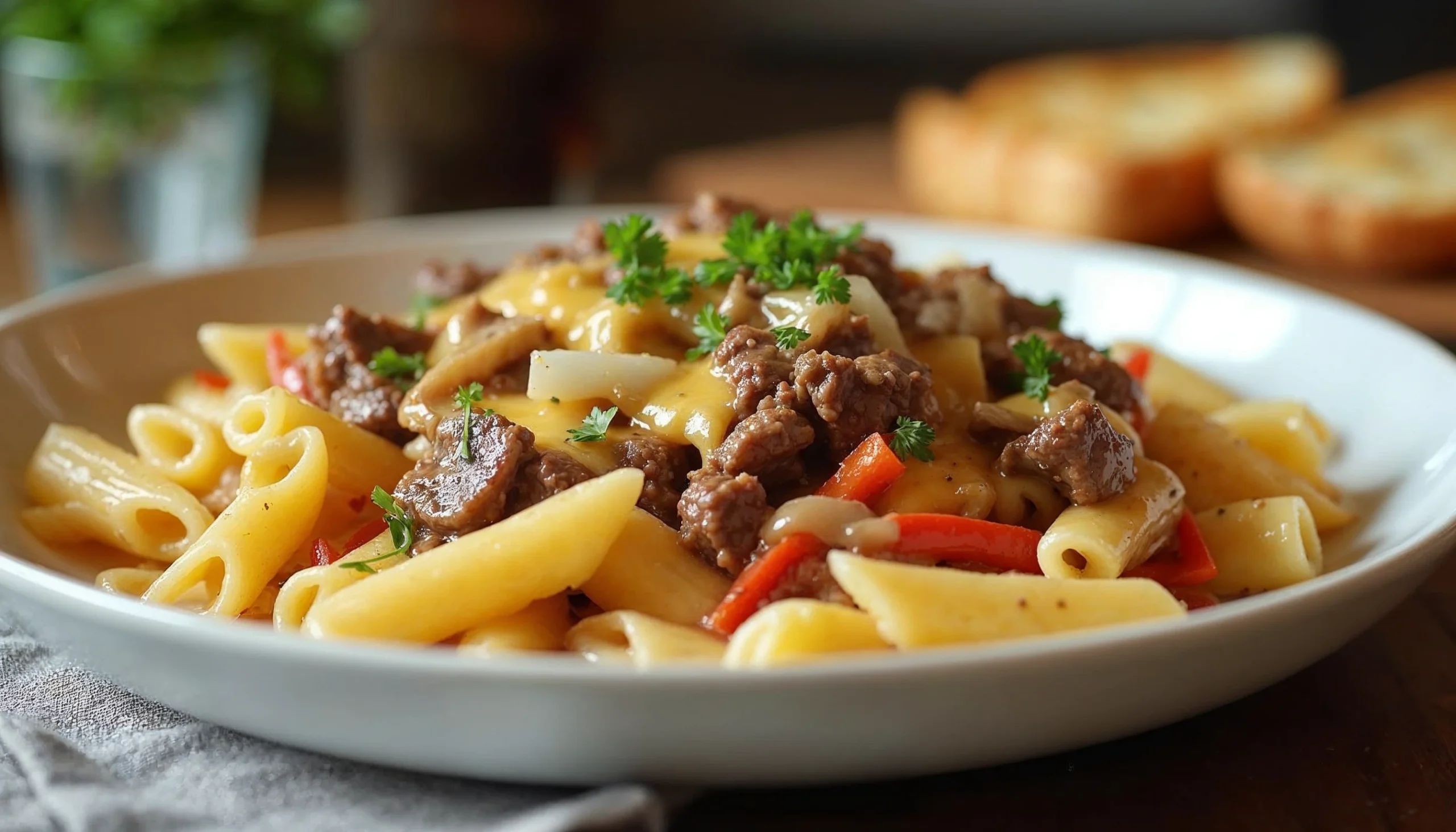 A close-up of Philly Cheesesteak Pasta made with penne, tender beef, sautéed vegetables, and melted cheese, garnished with fresh parsley