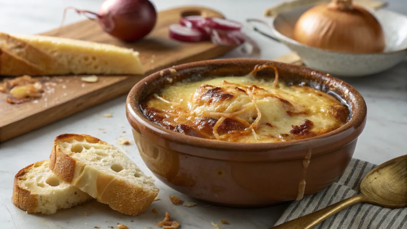 A steaming bowl of French onion soup with melted cheese on top, served with crusty bread on a marble countertop.