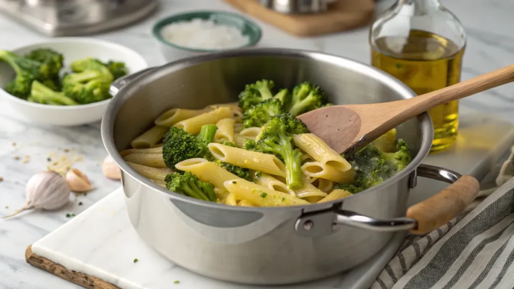 A pot of Quick Broccoli Pasta on a marble countertop, featuring cooked penne pasta and vibrant broccoli florets mixed with olive oil. A wooden spoon rests in the pot, and additional ingredients like garlic, olive oil, and Parmesan cheese are visible in the background.