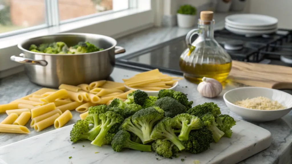 Fresh broccoli florets and uncooked penne pasta on a marble countertop, with olive oil, garlic, grated cheese, and a pot of broccoli in the background.