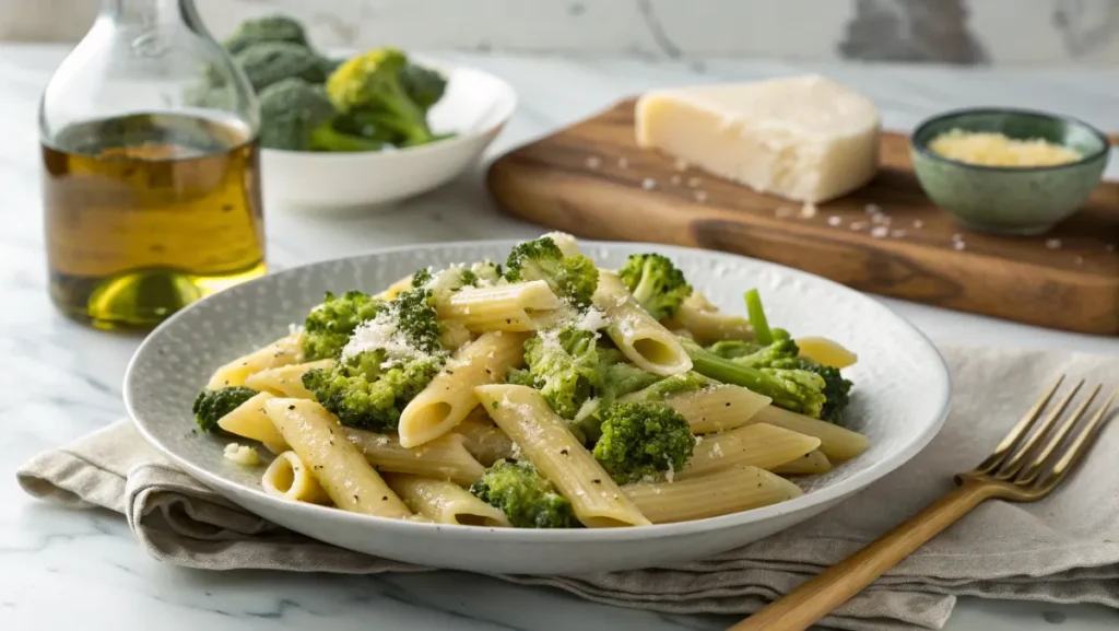 A plate of Quick Broccoli Pasta featuring penne pasta and broccoli florets, garnished with Parmesan cheese, with olive oil and Parmesan cheese in the background.