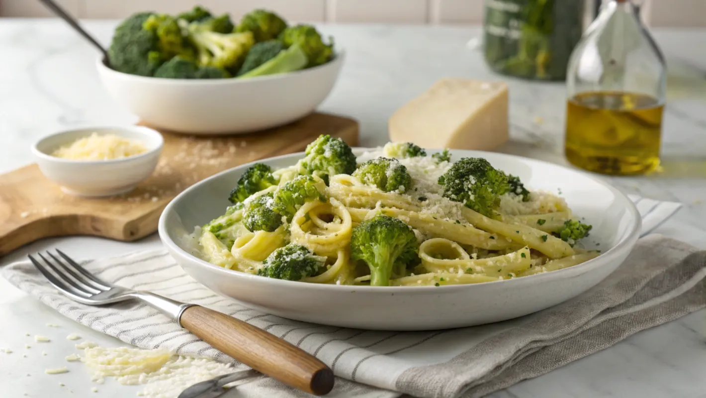 A plate of Quick Broccoli Pasta featuring linguine and broccoli florets, topped with grated Parmesan cheese, with olive oil and fresh broccoli in the background.