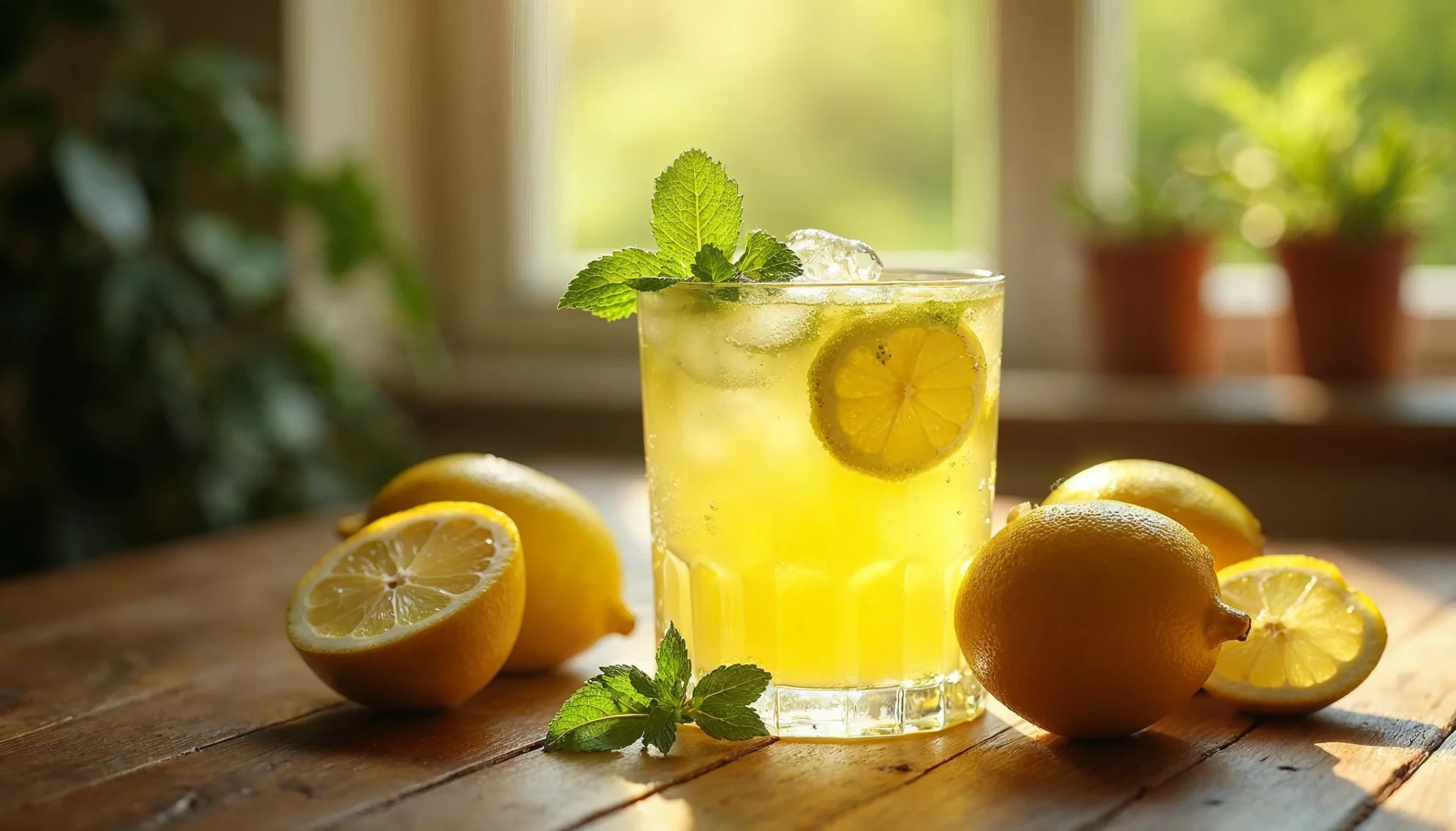 A refreshing glass of lemonade with ice, garnished with mint leaves and lemon slices. The background shows soft sunlight streaming through a window, highlighting fresh lemons and potted plants.