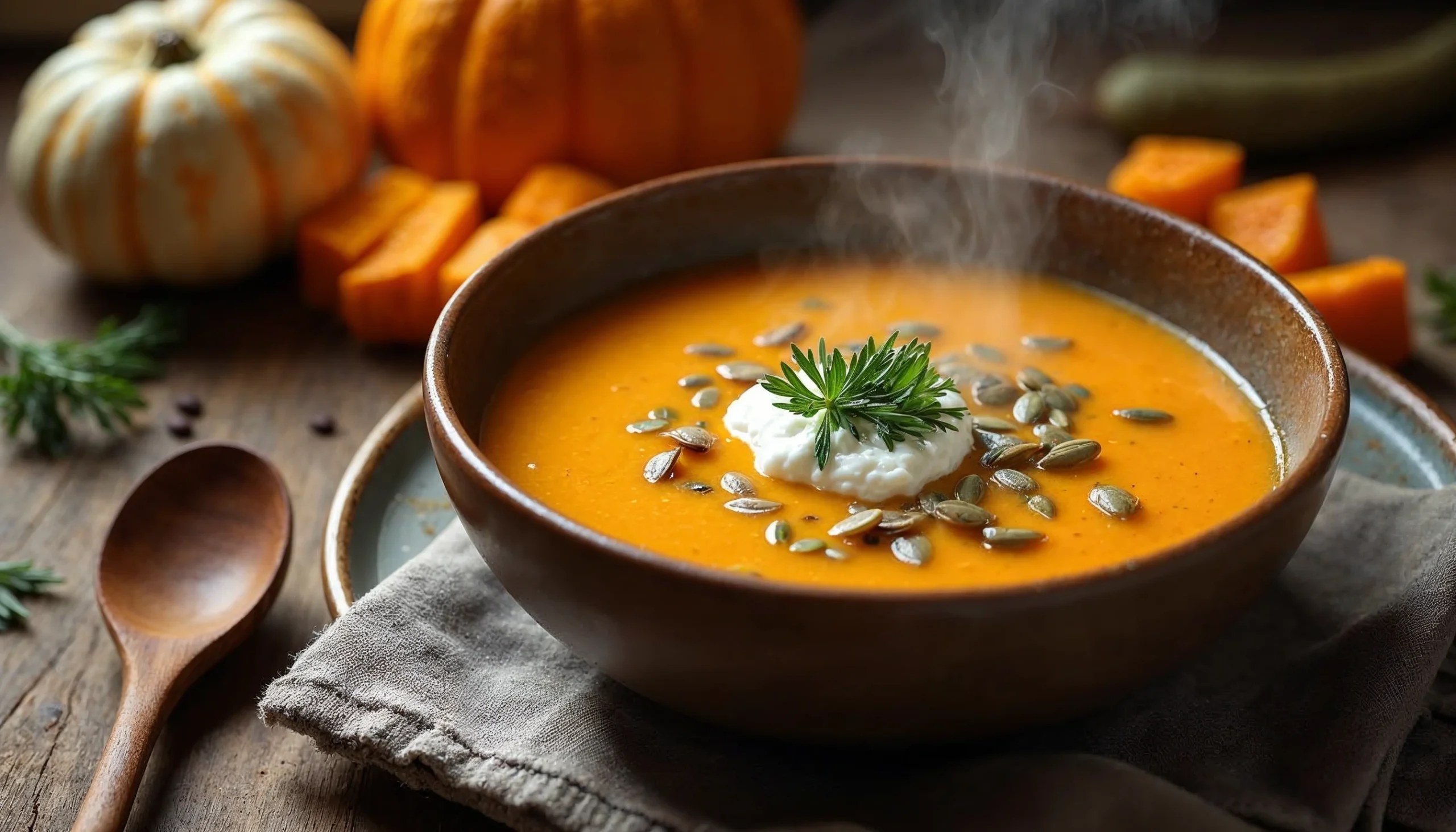 A cozy bowl of Black Bean Pumpkin and Butternut Squash Soup with toppings, served on a rustic wooden table.