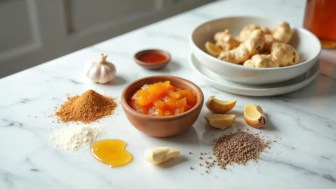 Fresh ingredients for tamarind sauce, including tamarind pulp, garlic, spices, lemon wedges, and honey on a marble surface