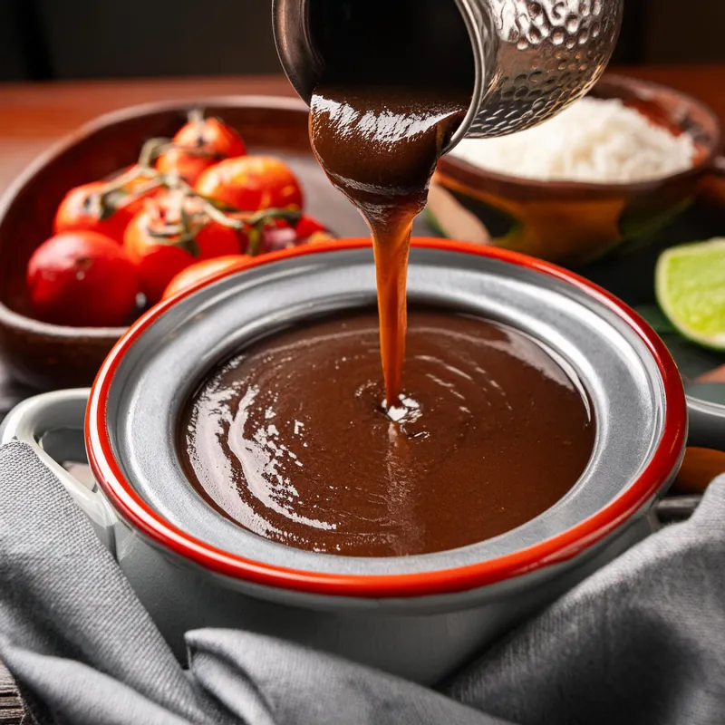 A rich and glossy tamarind sauce being poured into a metal bowl with fresh tomatoes, rice, and lime in the background.