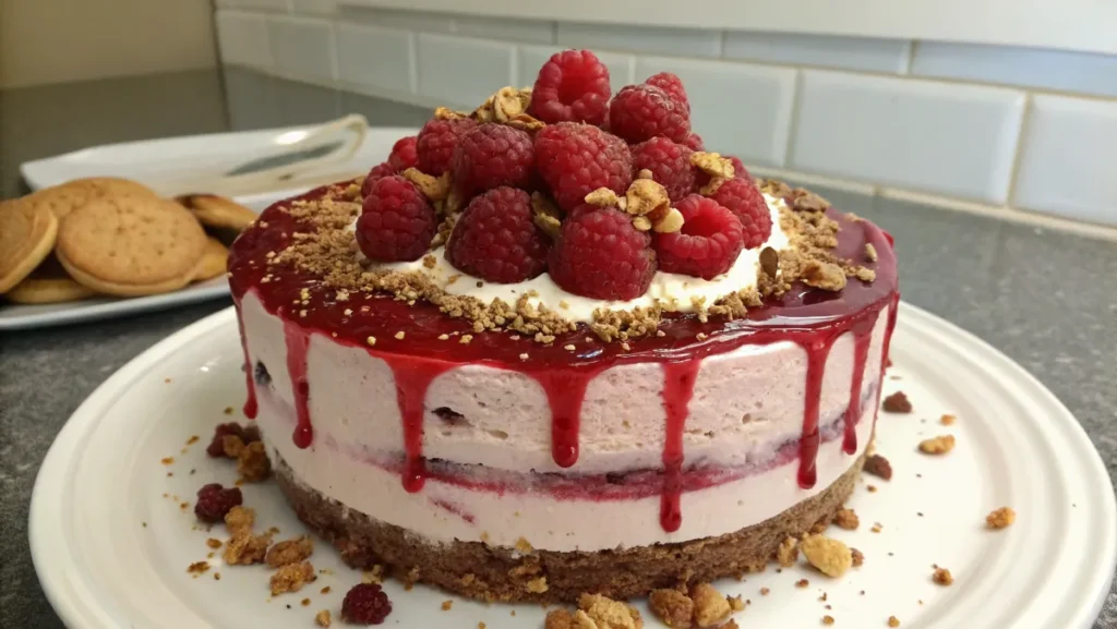 A whole raspberry swirl ice cream cake topped with fresh raspberries, crushed nuts, and dripping raspberry sauce on a white plate.