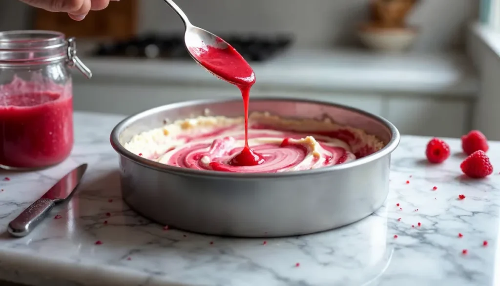 A close-up of raspberry sauce being drizzled into a springform pan filled with vanilla ice cream on a marble countertop.