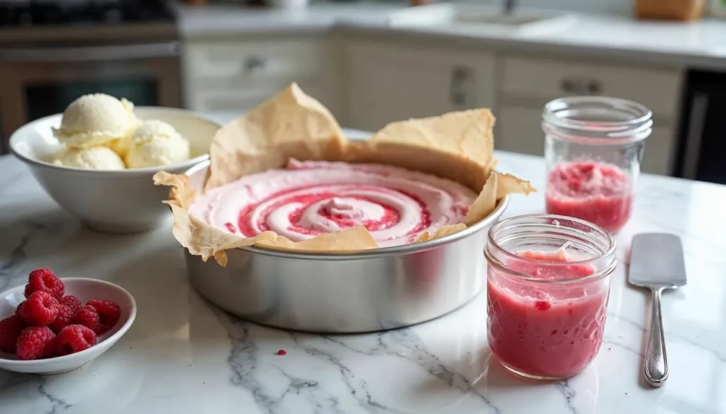 Ingredients and preparation of raspberry swirl ice cream cake, featuring a springform pan with parchment paper, vanilla ice cream, fresh raspberries, and raspberry sauce on a marble countertop.