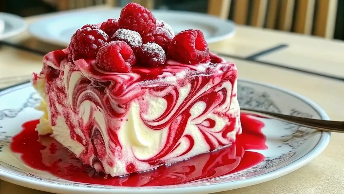 A slice of raspberry swirl ice cream cake on a decorative plate, topped with fresh raspberries and powdered sugar.