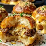 "Garlic Parmesan Cheeseburger Bombs with melted cheese oozing out, topped with sesame seeds and parsley on a wooden tray."