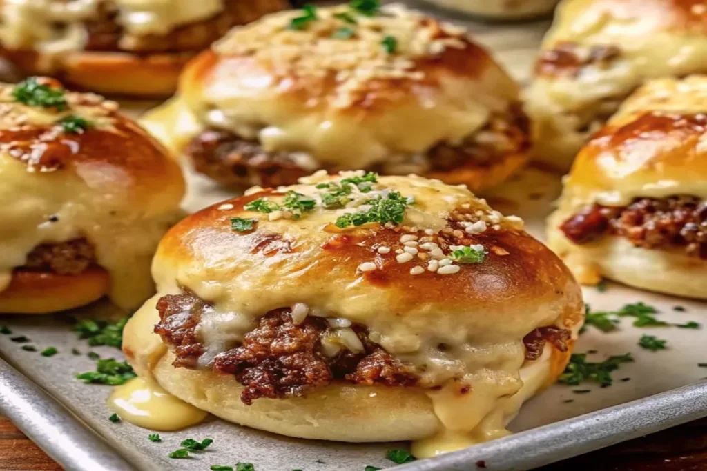 "Golden Garlic Parmesan Cheeseburger Bombs on a baking tray, topped with melted cheese, sesame seeds, and parsley."