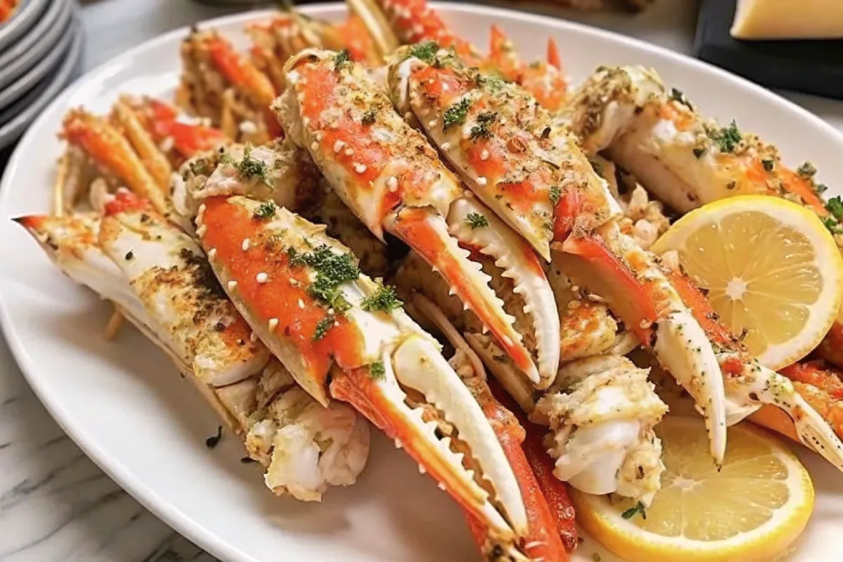 Plate of freshly cooked king crab legs garnished with garlic butter, herbs, and lemon slices on a marble countertop.