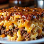 A close-up view of a slice of Mac and Cheese Meatloaf Casserole, showcasing layers of macaroni, cheese, and savory meat.