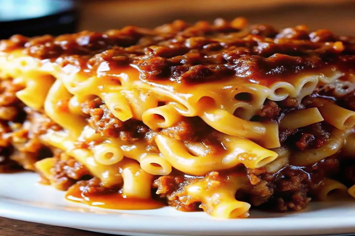 A slice of Mac and Cheese Meatloaf Casserole showing layers of cheesy macaroni and savory meatloaf.