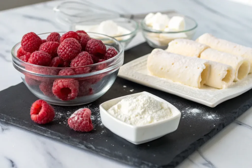 A clean and elegant display of ingredients for Raspberry Cream Cheese Pastries, including fresh raspberries, powdered sugar, cream cheese, and pastry rolls on a black slate board.