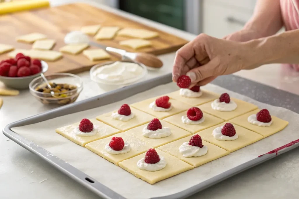 A hand placing fresh raspberries on squares of pastry dough filled with cream cheese on a parchment-lined baking tray.