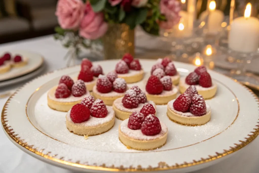  A luxurious dessert platter featuring Raspberry Cream Cheese Bites topped with fresh raspberries and powdered sugar, set on a gold-rimmed plate.