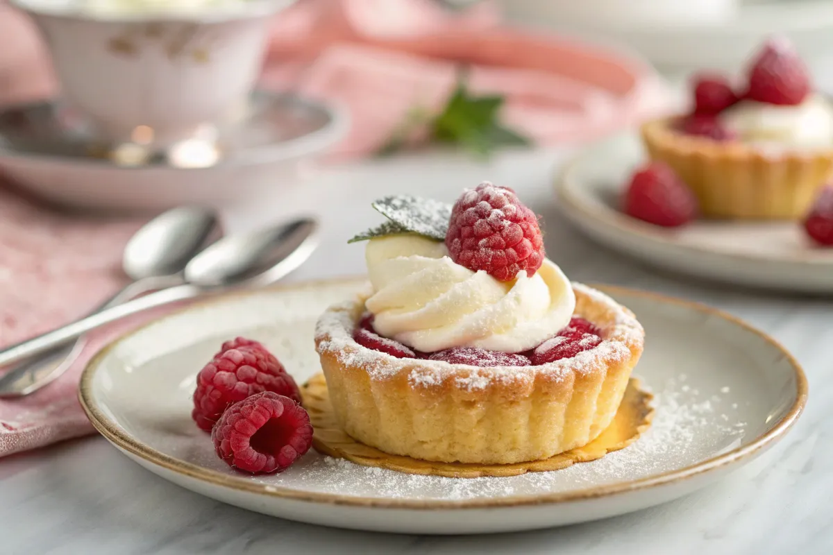 A close-up of a Raspberry Cream Cheese Tart topped with whipped cream, a fresh raspberry, and a mint leaf, dusted with powdered sugar.