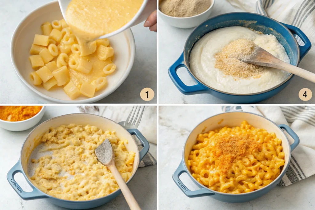 Step-by-step collage of making baked mac and cheese, from cooking pasta to baking.