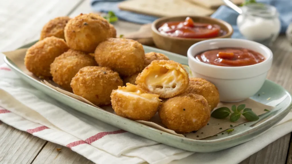 "Freshly fried Chicken Cheese Balls served on a tray with dipping sauces, golden and crispy with a gooey cheese center."