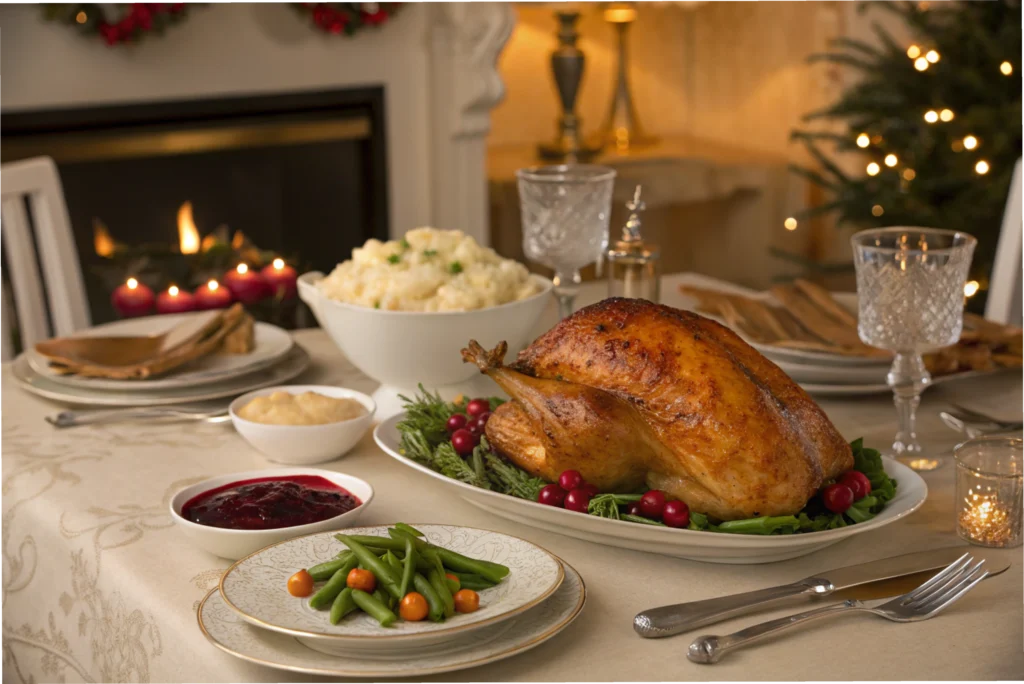 Close-up of juicy turkey slices with crispy skin and rich gravy, served with roasted vegetables.