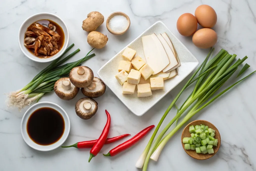 A flat lay of fresh ingredients for hot and sour soup, including tofu, mushrooms, chili, green onions, and soy sauce.