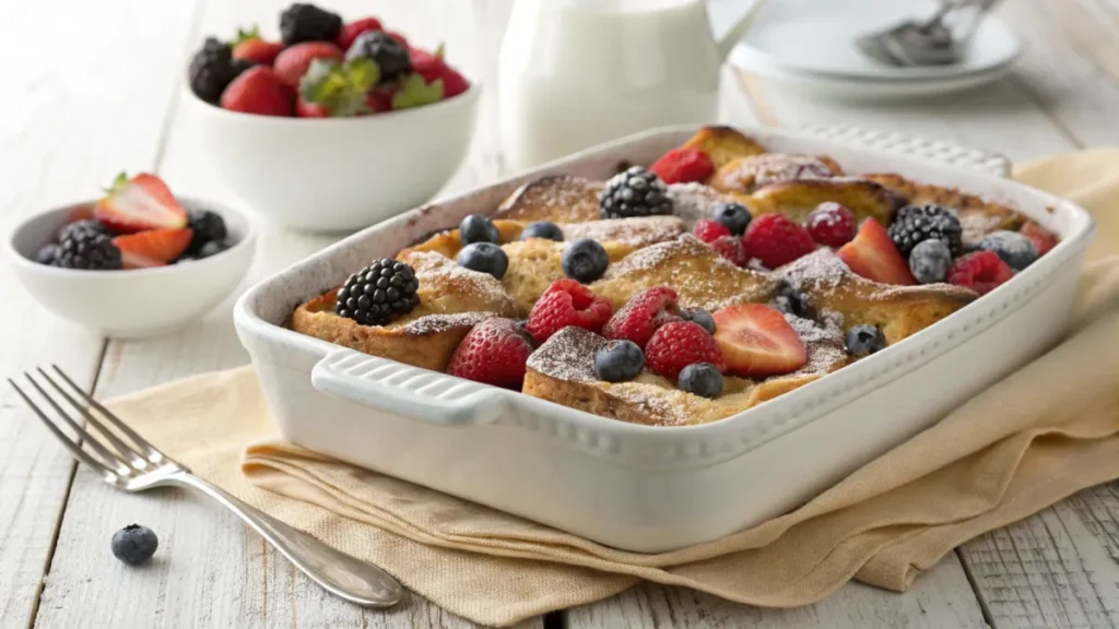 Baked French Toast Casserole topped with fresh berries and powdered sugar.