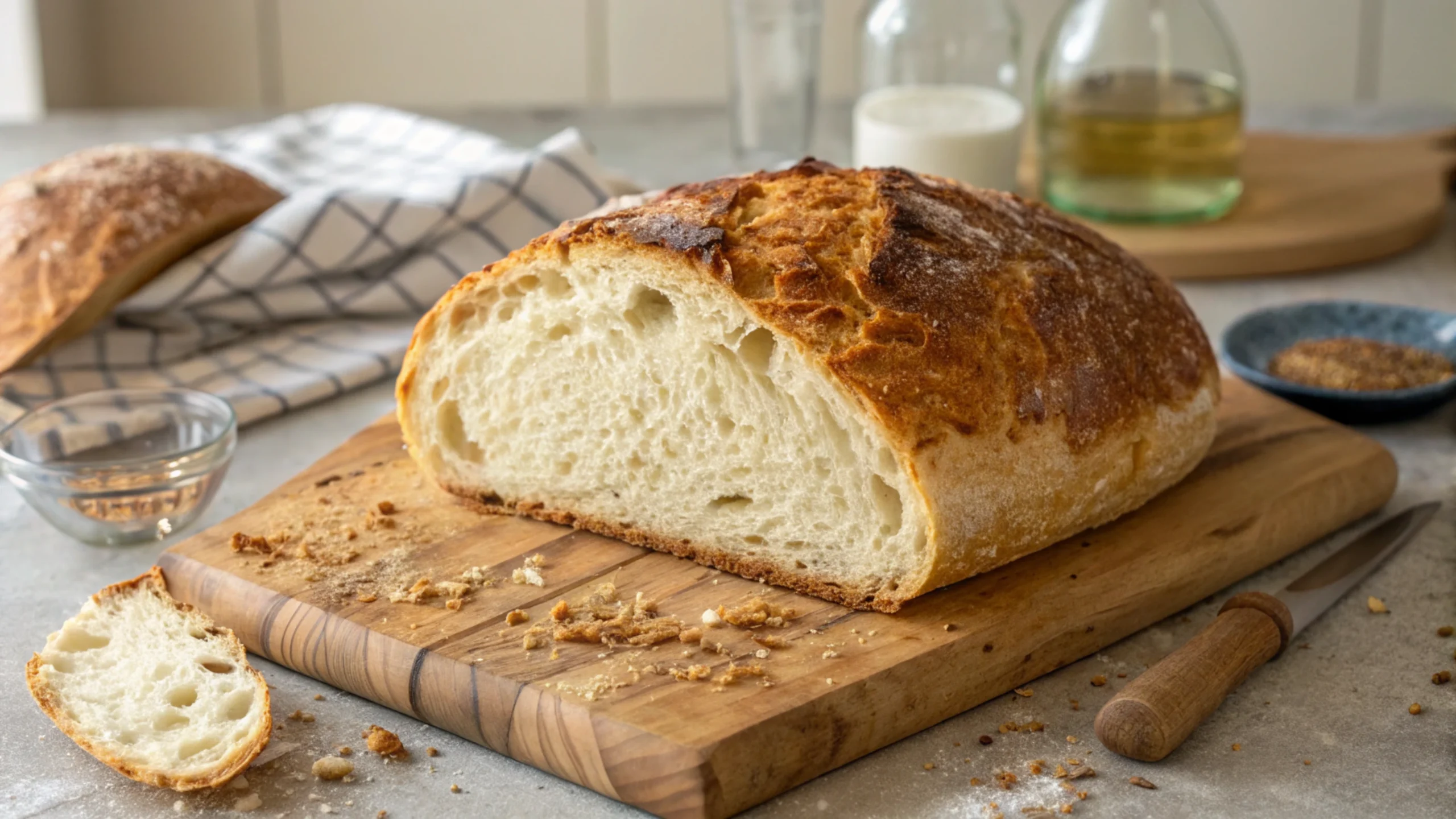 Freshly baked homemade sourdough bread with a golden crust on a wooden cutting board