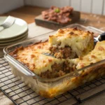 A freshly baked Meat & Potato Casserole with a crispy, golden cheese topping.