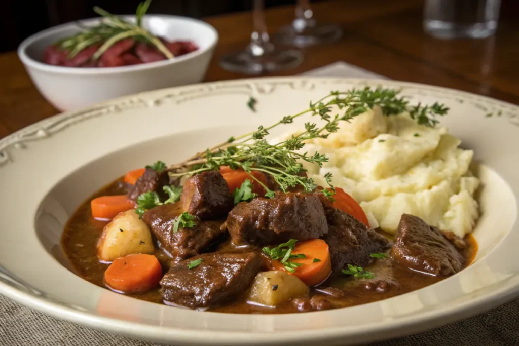 A beautifully plated Beef Bourguignon dish featuring tender beef, carrots, potatoes, and fresh herbs, served with creamy mashed potatoes.