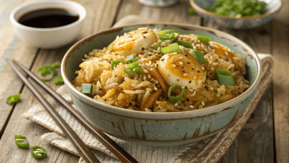 A bowl of Golden Egg and Onion Fried Rice with green onions and sesame seeds.