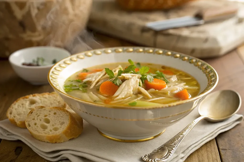 A beautifully plated bowl of chicken soup with shredded chicken, carrots, celery, and fresh parsley, served in a white porcelain bowl with gold accents, accompanied by sliced bread and a silver spoon.