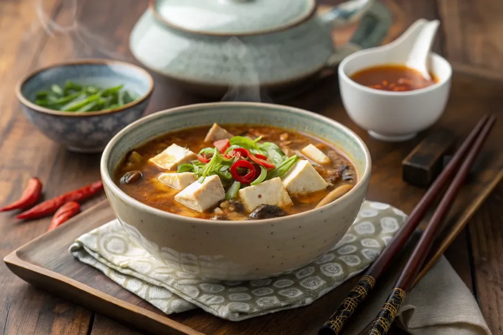 A beautifully plated bowl of hot and sour soup with tofu, mushrooms, chili slices, and green onions on a wooden tray.