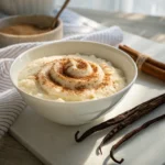 A bowl of rice pudding infused with vanilla and cinnamon, garnished with a cinnamon stick.