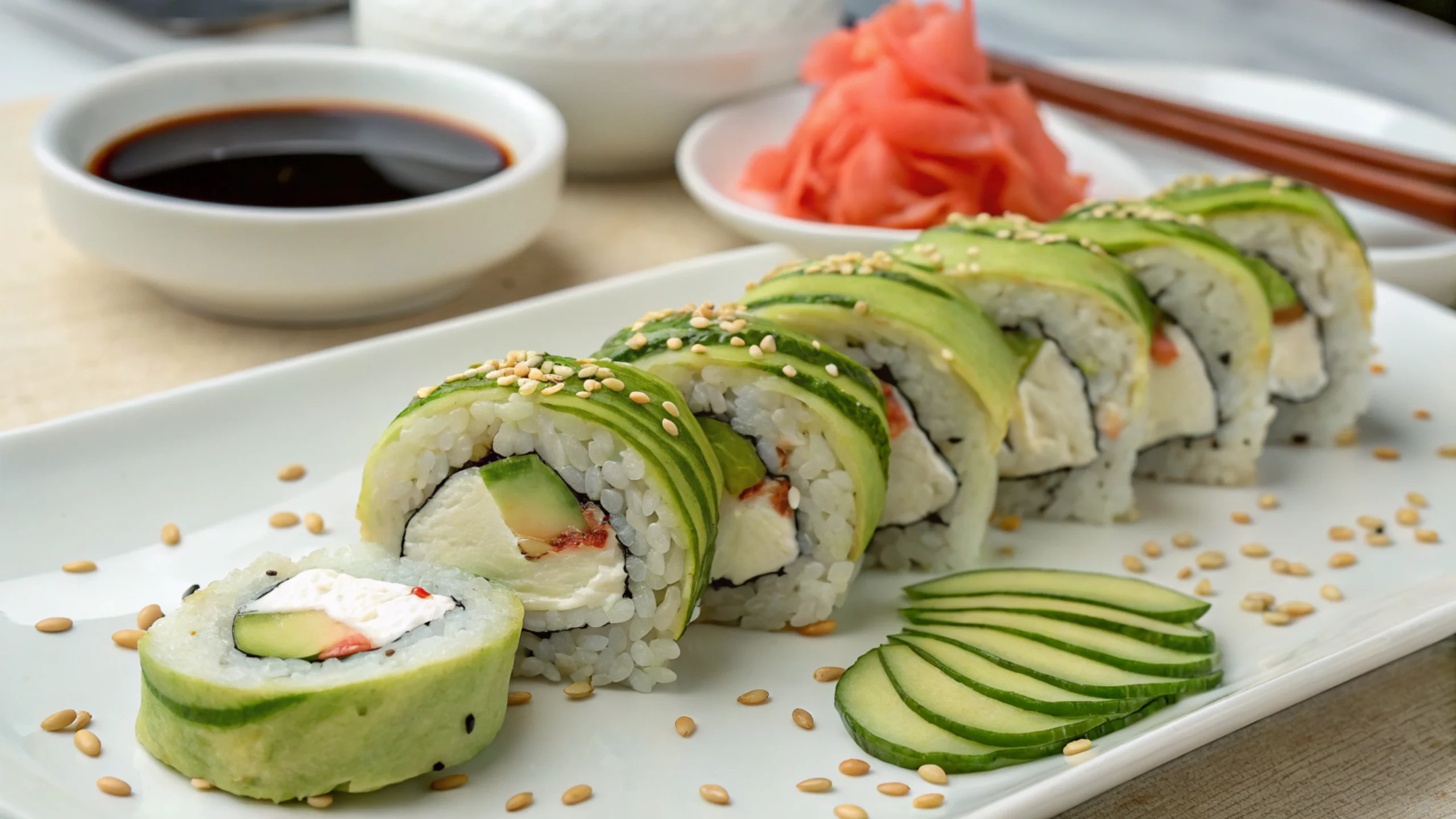 A plate of delicious New-York Rolls with fresh avocado, cucumber, and creamy cheese, garnished with sesame seeds.