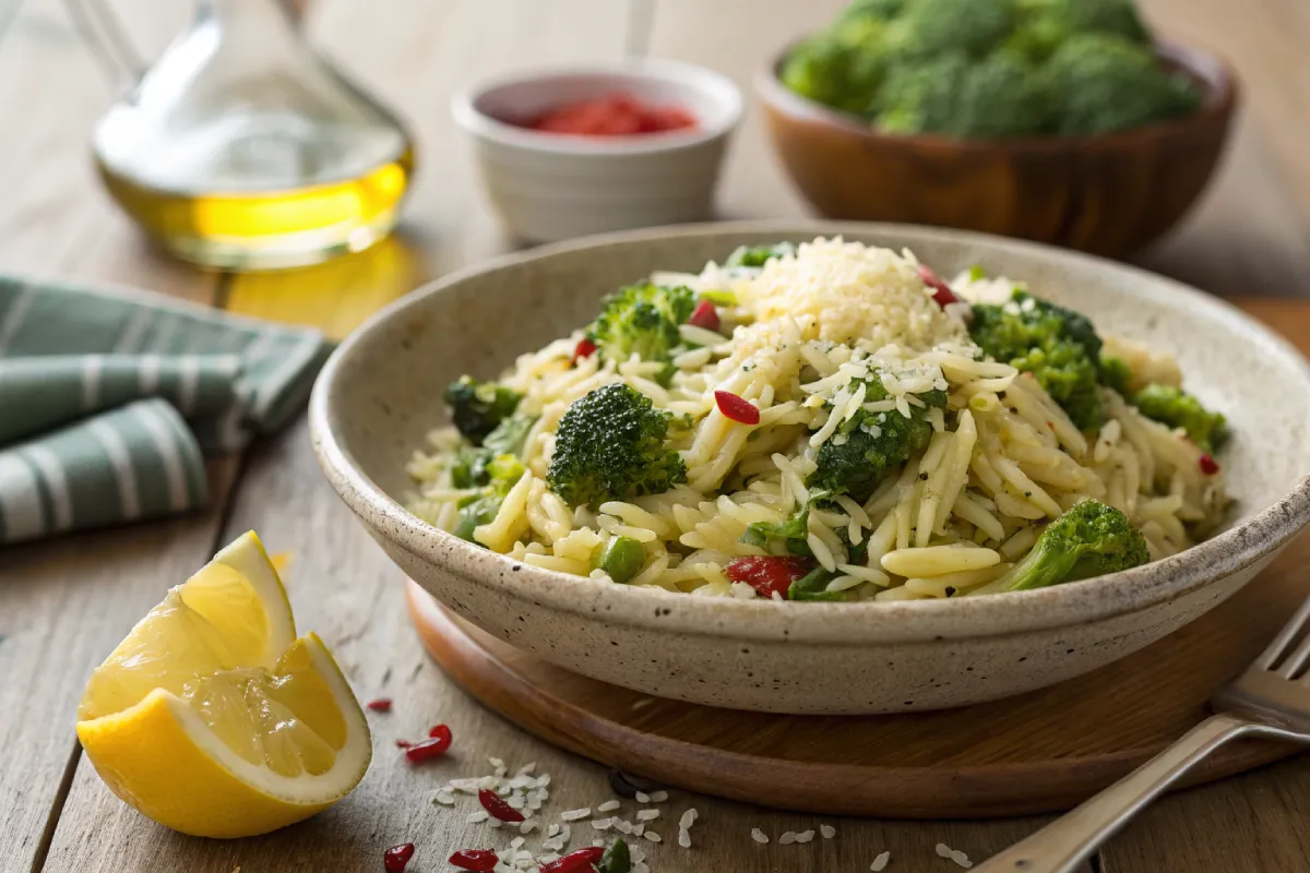 A beautifully plated dish of rice with Broccoli, garnished with Parmesan and vibrant red peppers.